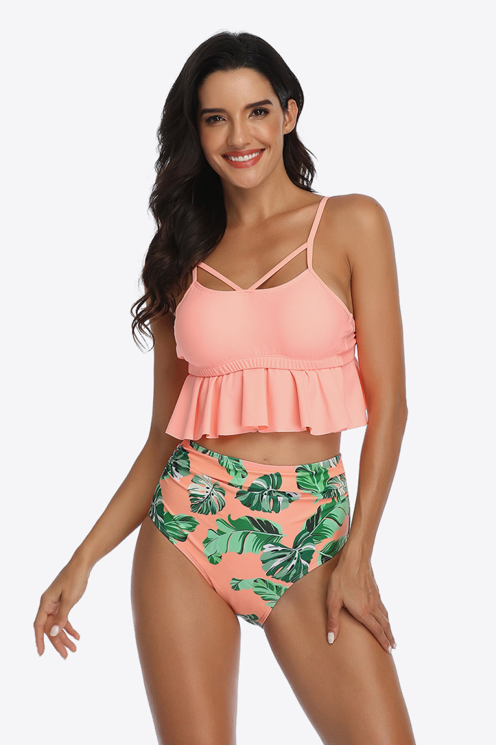 Tropical Print Ruffled Two-Piece Swimsuit