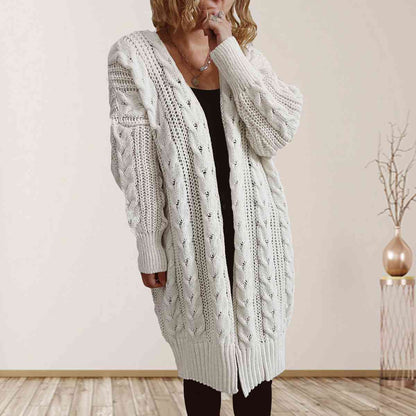 Cable-Knit Open Front Dropped Shoulder Cardigan