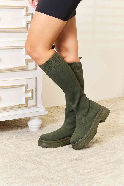 WILD DIVA Footwear Knee High Platform Sock Boots Olive