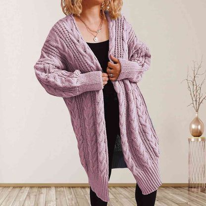 Cable-Knit Open Front Dropped Shoulder Cardigan