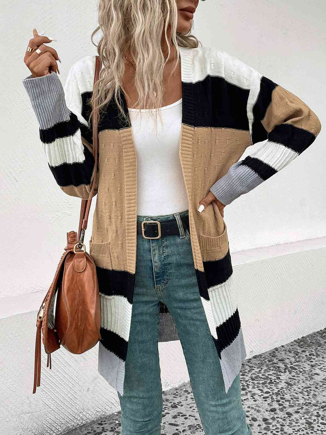 Color Block Open Front Drop Shoulder Cardigan