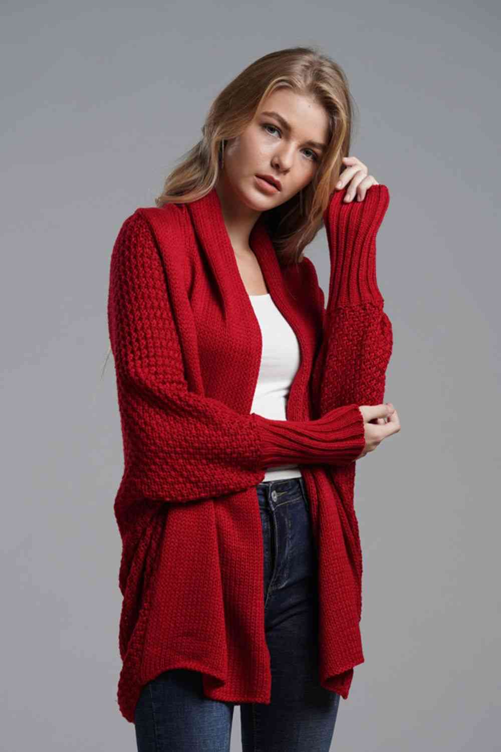 Dolman Sleeve Open Front Ribbed Trim Longline Cardigan