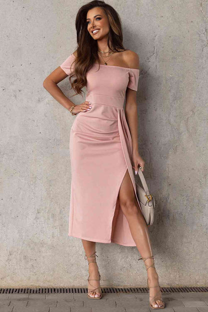 Off-Shoulder Short Sleeve Split Dress