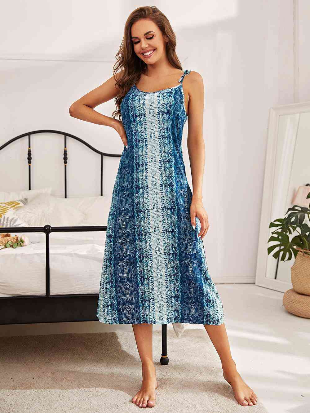 Printed Tie Shoulder Midi Night Dress