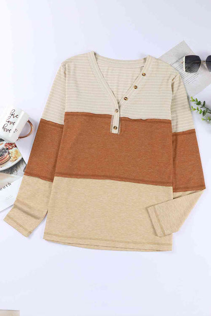 Buttoned Color Block Long Sleeve Top