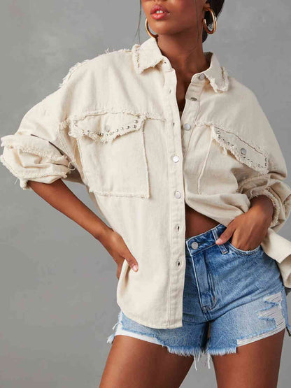 Button Down Raw Hem Denim Jacket