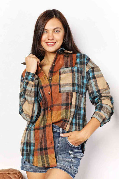 Double Take Plaid Curved Hem Shirt Jacket with Breast Pockets