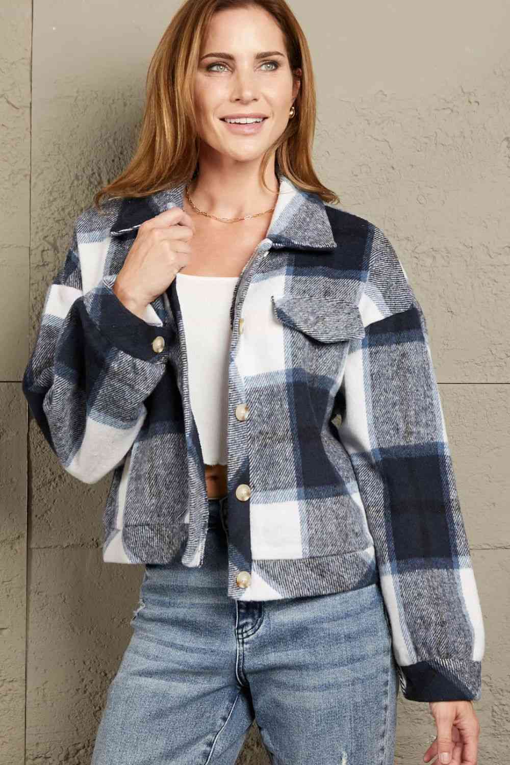 Double Take Plaid Button Front Dropped Shoulder Collared Jacket