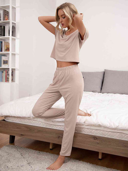 Round Neck Short Sleeve Top and Pants Lounge Set